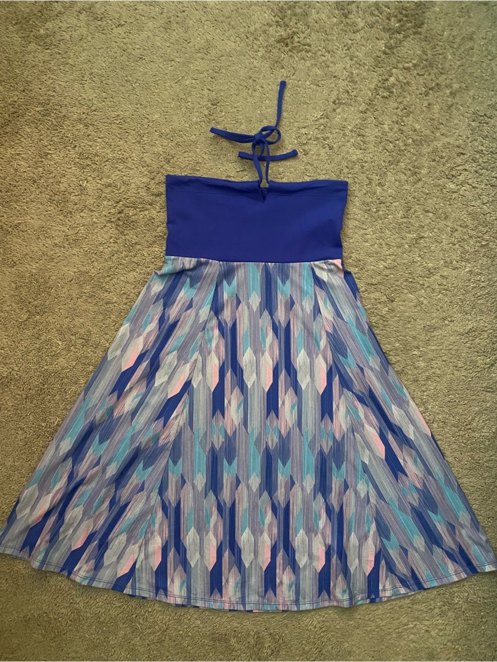 prAna Solana Convertible Halter Dress / Maxi Skirt Blue Geo Chevron - Size XS